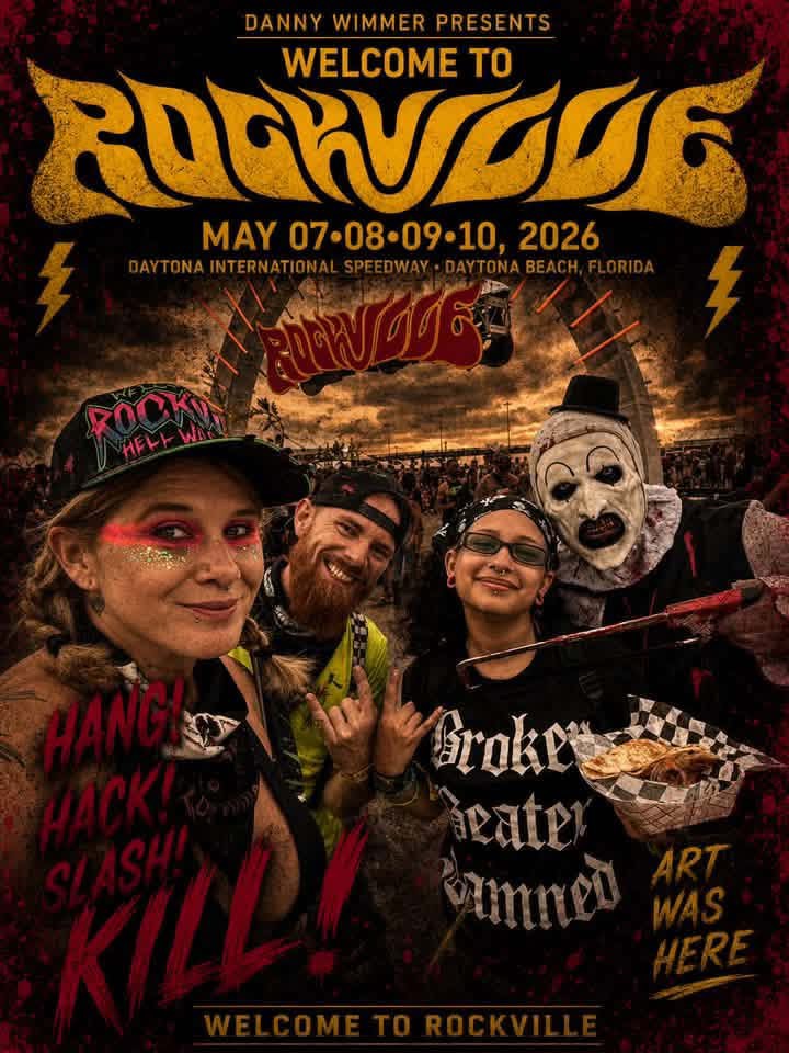 Welcome to Rockville poster: Art the Clown crashing a group selfie by the arch