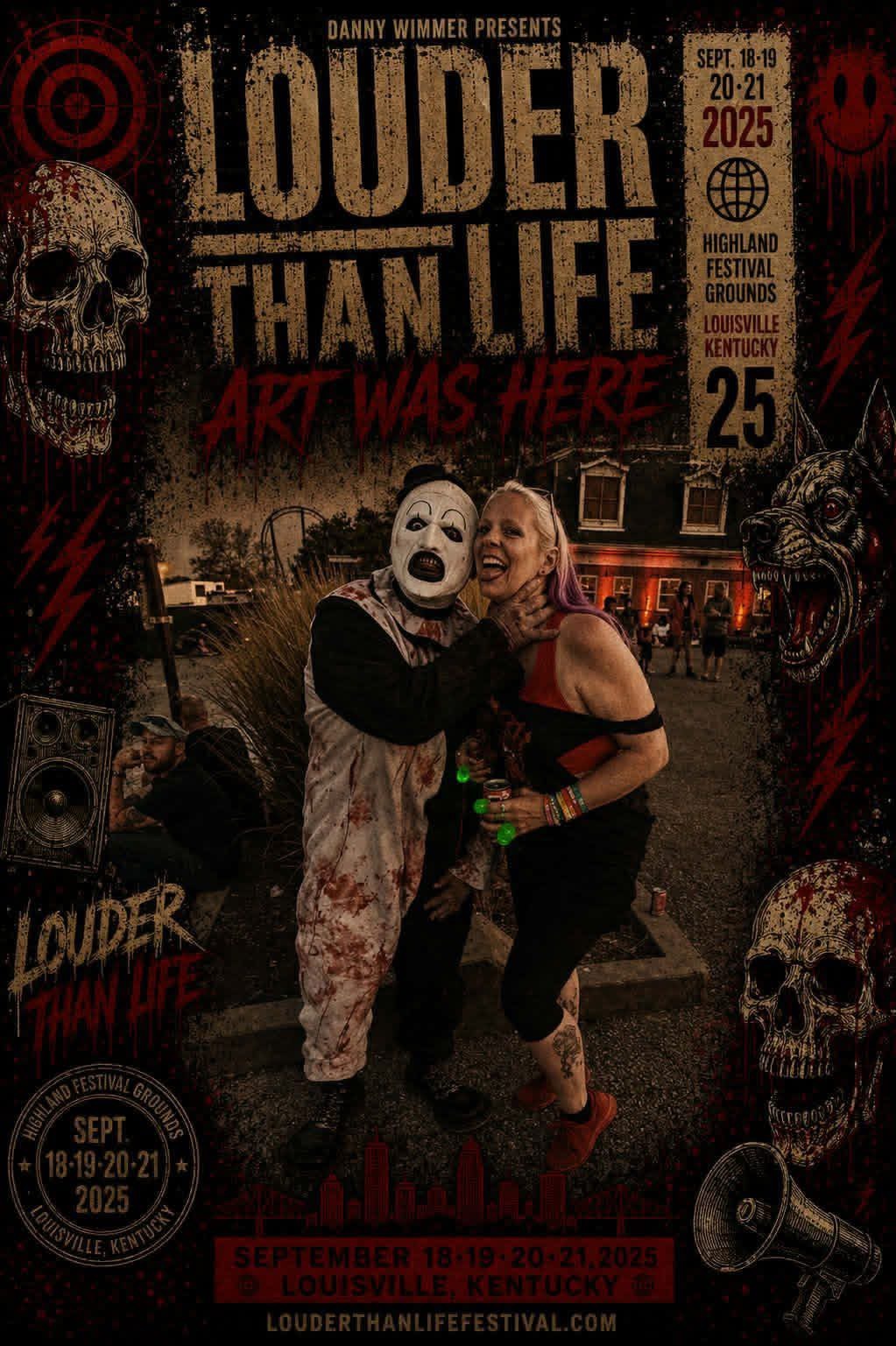 Louder Than Life poster: Art the Clown with a fan, 'Art was here'