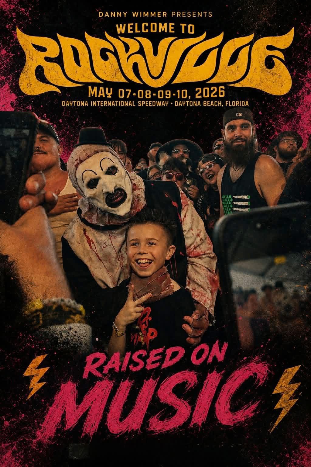 Welcome to Rockville 'Raised on Music' poster: Art the Clown with a smiling kid in the crowd