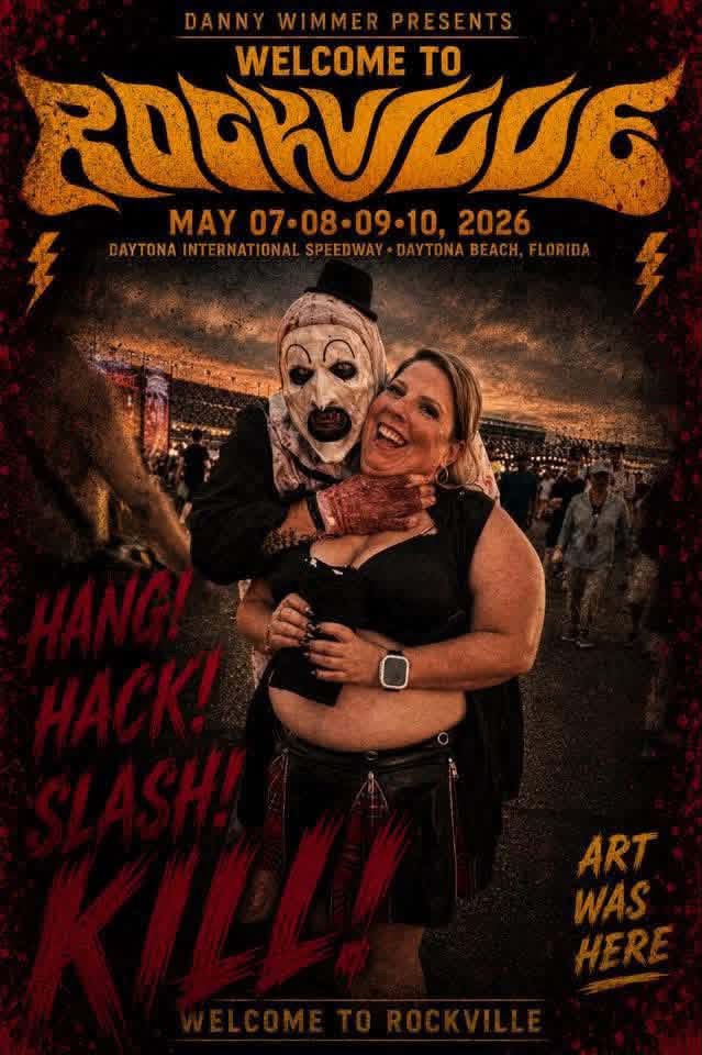 Welcome to Rockville poster: Art the Clown grabbing a laughing fan in the grandstand