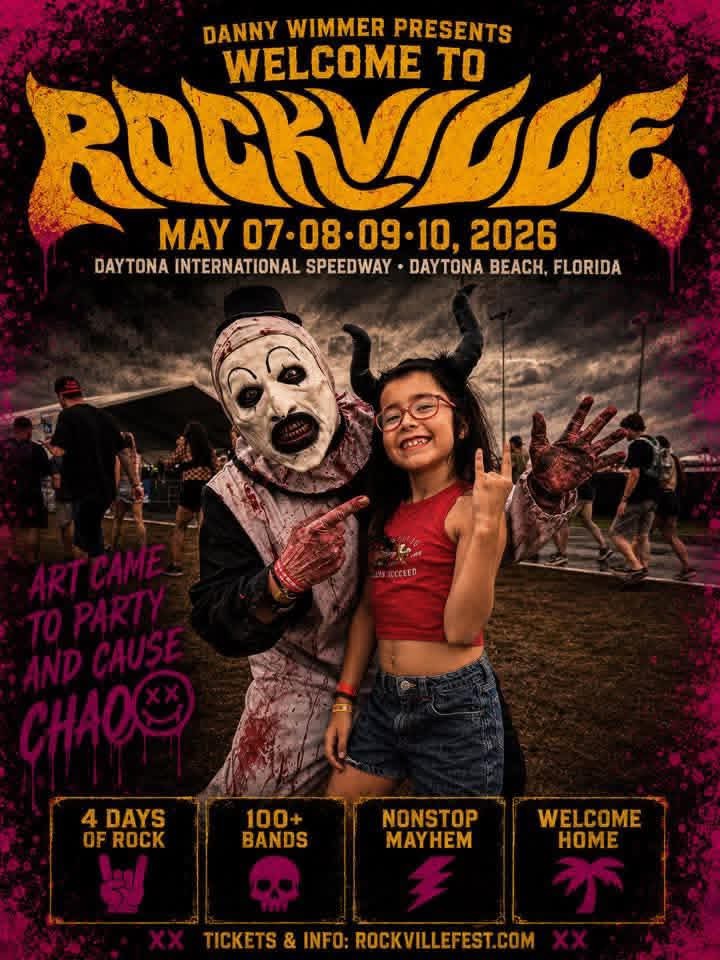 Welcome to Rockville poster featuring Art the Clown with a young fan throwing horns