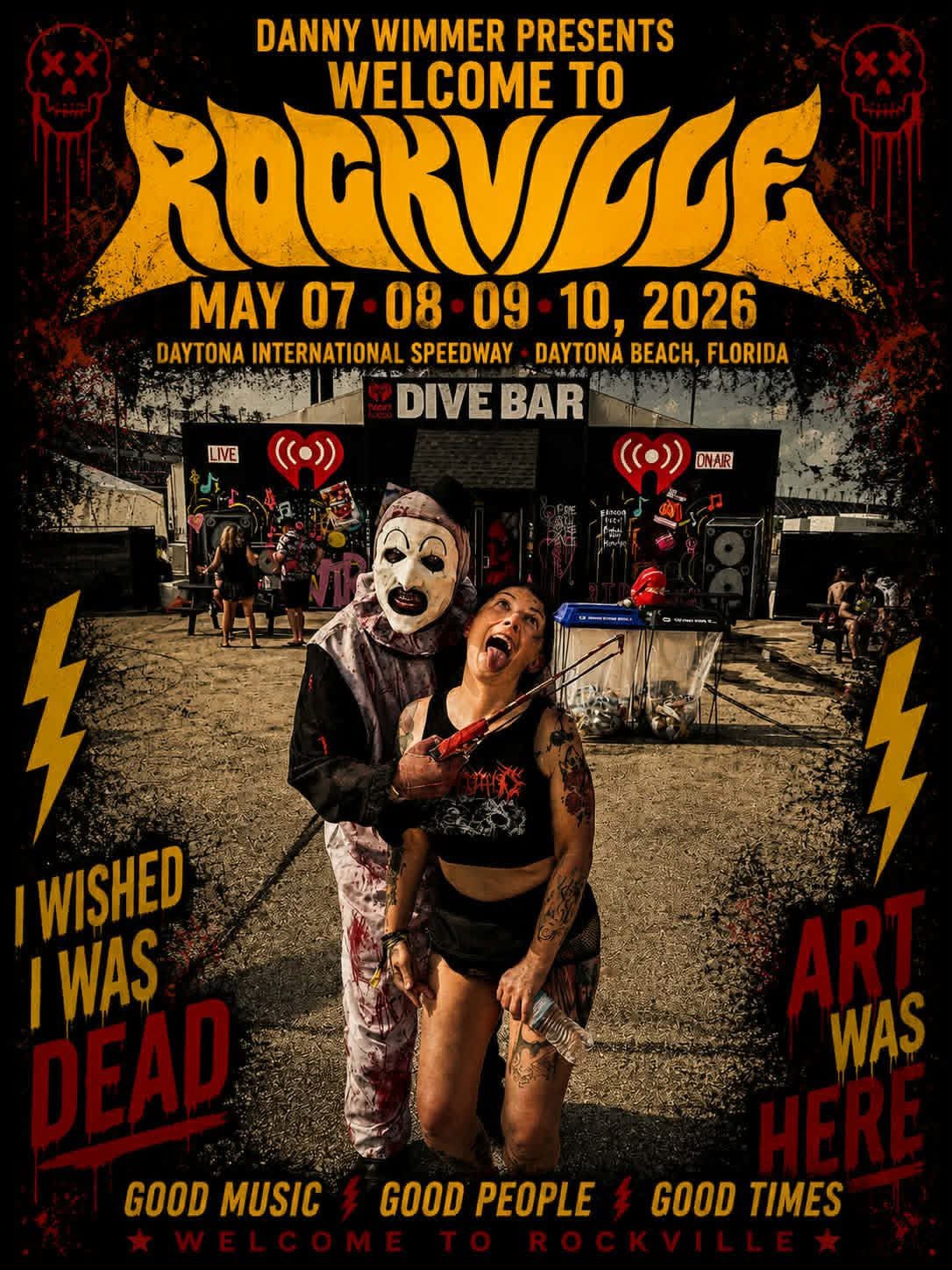Welcome to Rockville poster: Art the Clown with a fan outside the Dive Bar stage